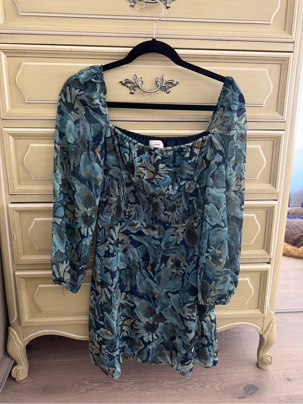 Women’s Floral Square-Neck Long-Sleeve Dress - Teal Blue